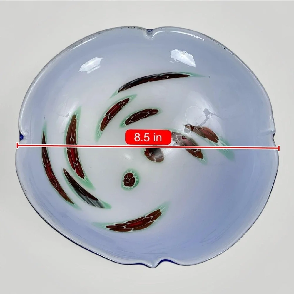 Handblown Art Glass Bowl Cobalt Blue White Interior Murrine 8.5 in Scalloped Rim